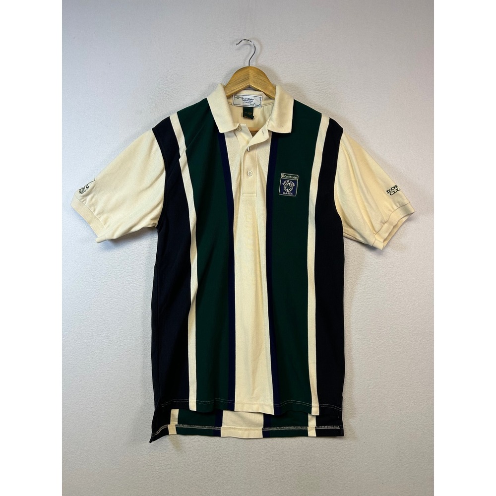 Vintage Golfcore Izod Club Mens Medium Cream Green Striped Betsy King Polo Shirt